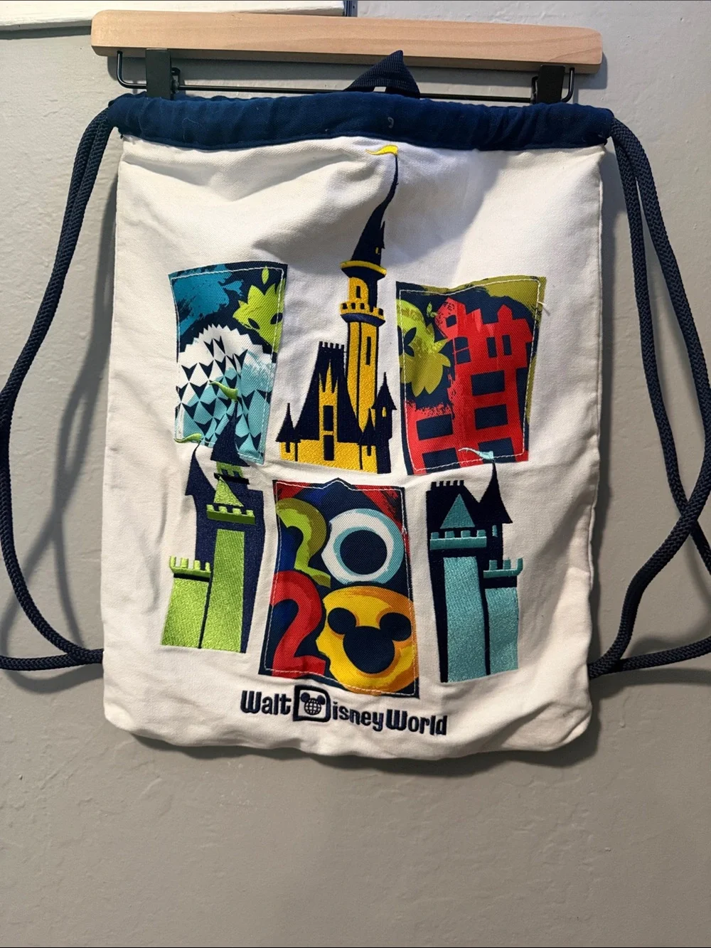 Disney White Canvas Drawstring Backpack with Colorful Castle Graphics
